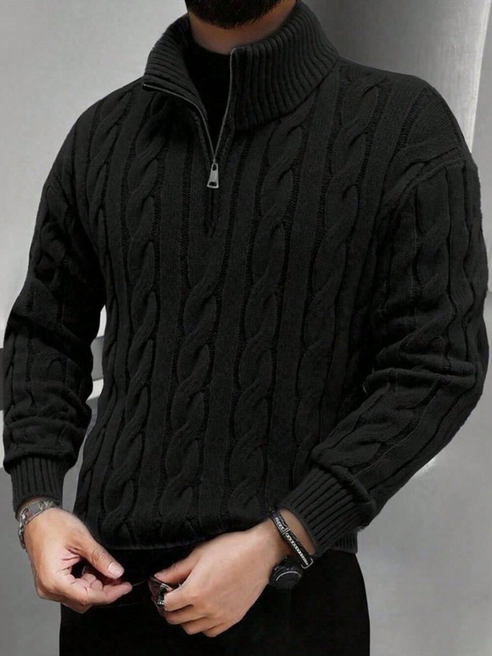Black Casual Men's Winter Rib-Knit Drop Sleeve Half-Zip Polo Sweater